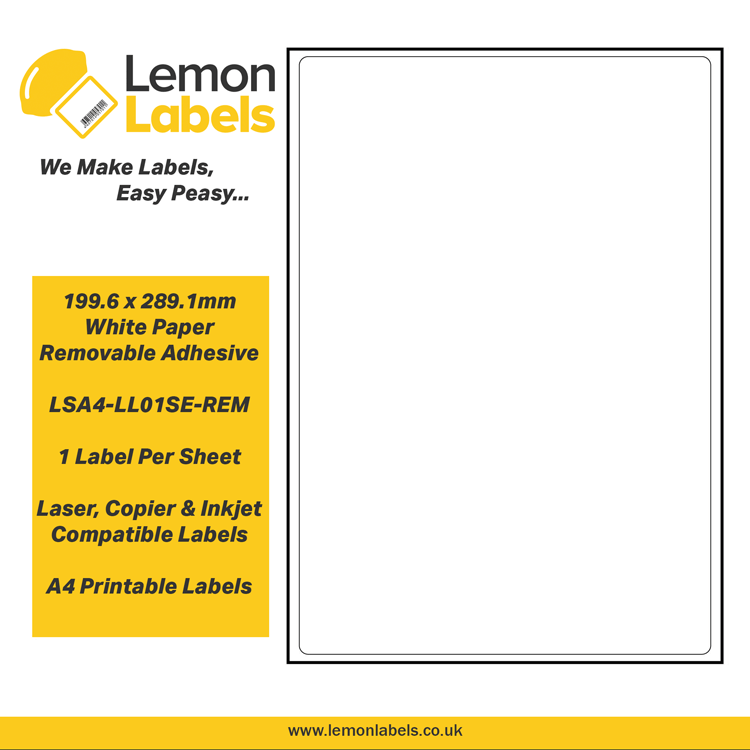 LSA4-LL01SE-REM - 199.6 x 289.1mm White Paper With Removable Adhesive Labels, 1 label to an A4 sheet, 100 sheets