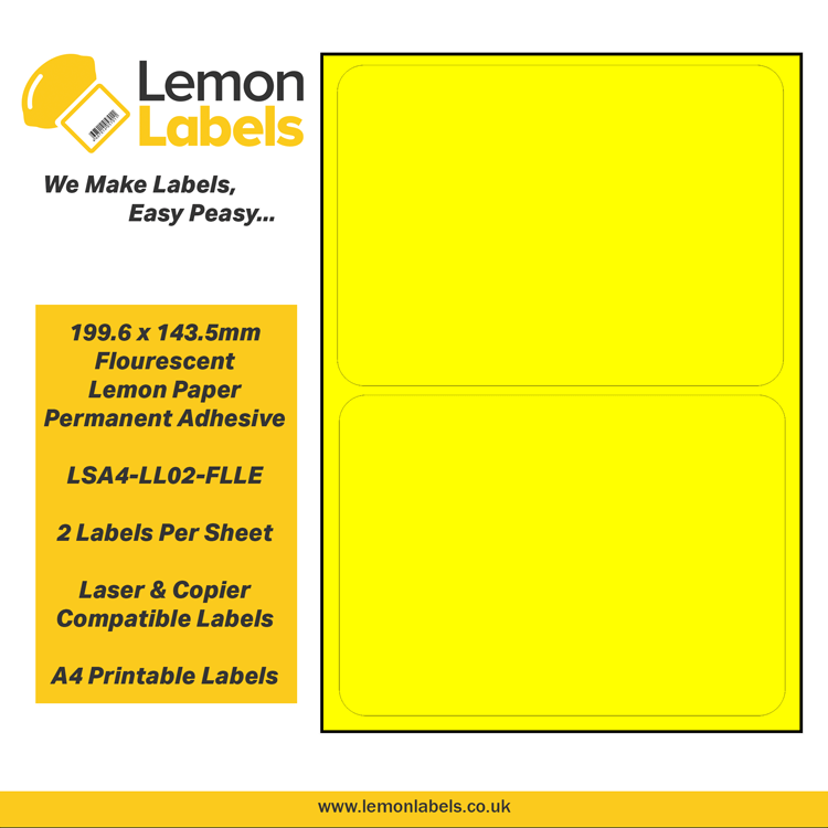 LSA4-LL02-FLLE - 199.6 x 143.5mm Floursecent Lemon Paper With Permanent Adhesive Labels, 2 labels to an A4 sheet, 100 sheets