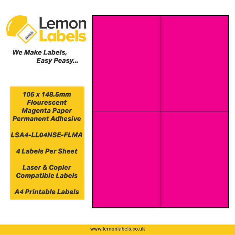 LSA4-LL04NSE-FLMA - 105 x 148.5mm Floursecent Magenta Paper With Permanent Adhesive Labels, 4 labels to an A4 sheet, 100 sheets