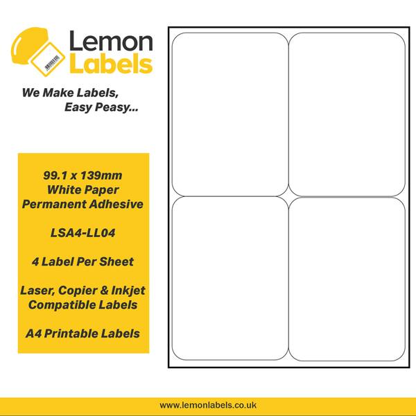 LSA4-LL04 - 99.1 x 139mm White Paper With Permanent Adhesive Labels, 4 labels to an A4 sheet, 500 sheets