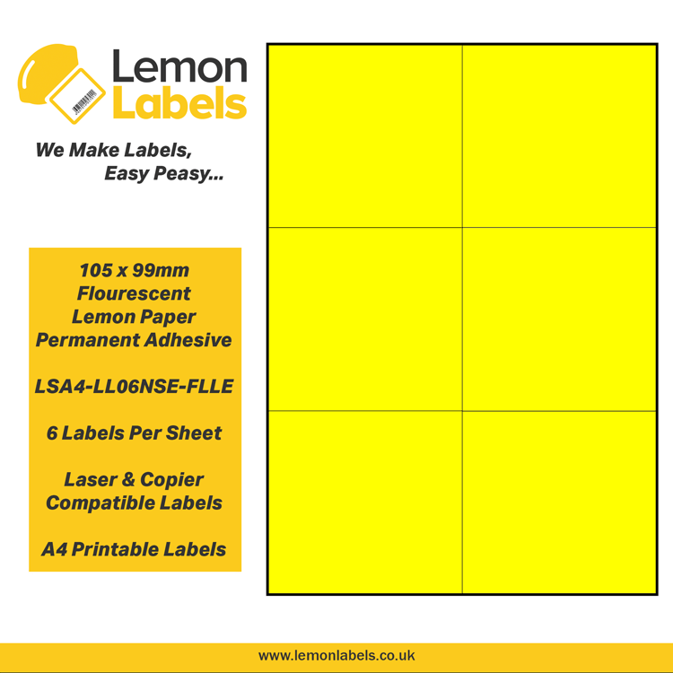 LSA4-LL06NSE-FLLE - 105 x 99mm Floursecent Lemon Paper With Permanent Adhesive Labels, 6 labels to an A4 sheet, 100 sheets