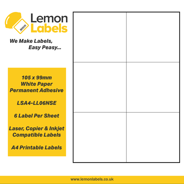 LSA4-LL06NSE - 105 x 99mm White Paper With Permanent Adhesive Labels, 6 labels to an A4 sheet, 500 sheets