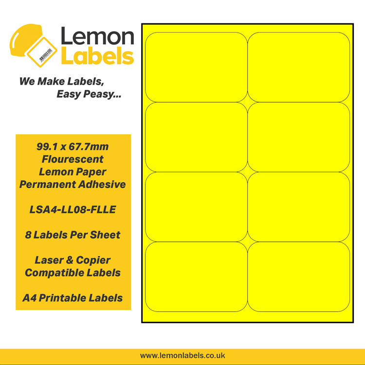 LSA4-LL08-FLLE - 99.1 x 67.7mm Floursecent Lemon Paper With Permanent Adhesive Labels, 8 labels to an A4 sheet, 100 sheets