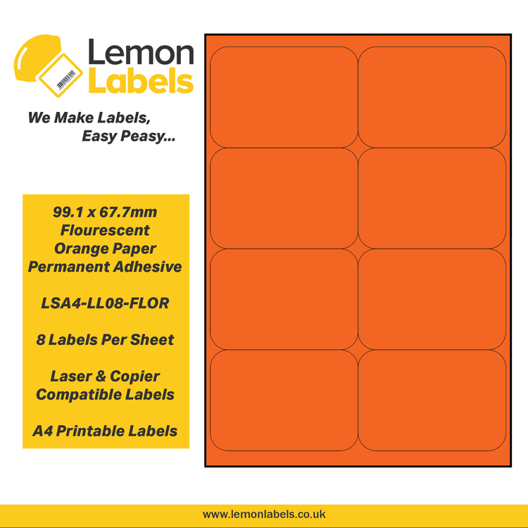 LSA4-LL08-FLOR - 99.1 x 67.7mm Floursecent Orange Paper With Permanent Adhesive Labels, 8 labels to an A4 sheet, 100 sheets