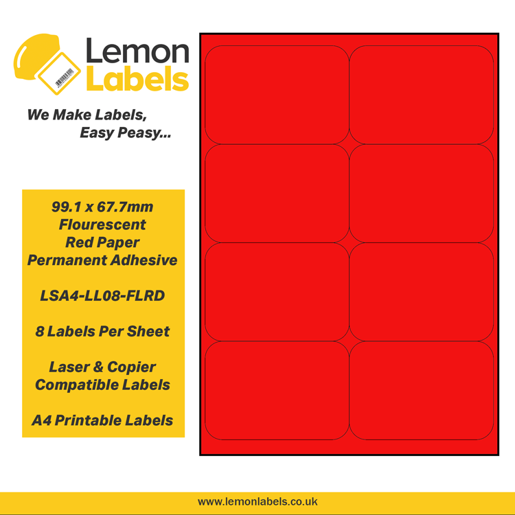 LSA4-LL08-FLRD - 99.1 x 67.7mm Floursecent Red Paper With Permanent Adhesive Labels, 8 labels to an A4 sheet, 100 sheets