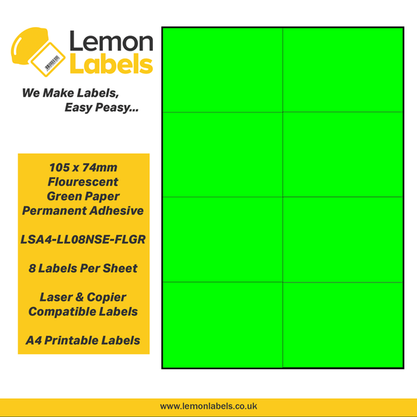 LSA4-LL08NSE-FLGR - 105 x 74mm Floursecent Green Paper With Permanent Adhesive Labels, 8 labels to an A4 sheet, 100 sheets