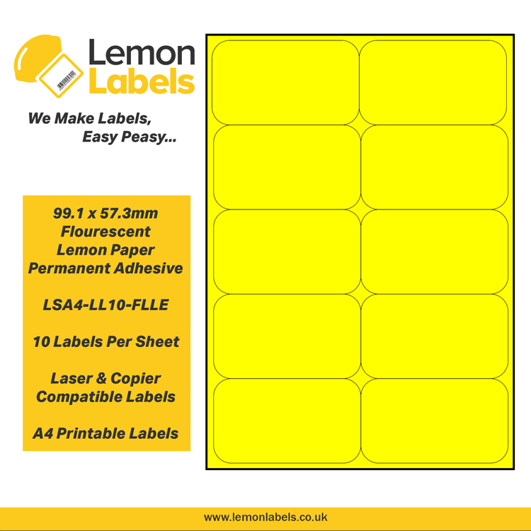 LSA4-LL10-FLLE - 99.1 x 57.3mm Floursecent Lemon Paper With Permanent Adhesive Labels, 10 labels to an A4 sheet, 100 sheets