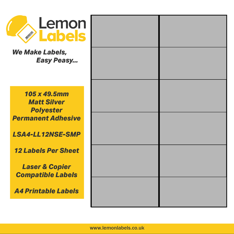 LSA4-LL12NSE-SMP - 105 x 49.5mm Matt Silver Polyester With Permanent Adhesive Labels, 12 labels to an A4 sheet, 100 sheets