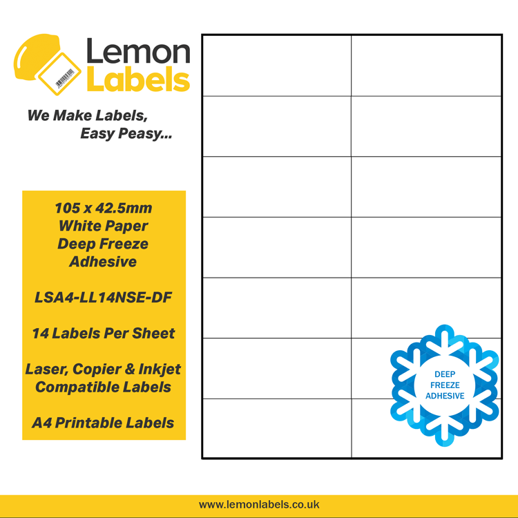 LSA4-LL14NSE-DF - 105 x 42.5mm White Paper With Deep Freeze Adhesive Labels, 14 labels to an A4 sheet, 100 sheets