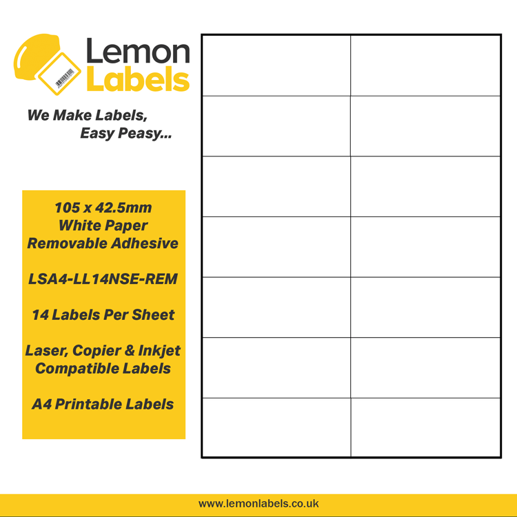 LSA4-LL14NSE-REM - 105 x 42.5mm White Paper With Removable Adhesive Labels, 14 labels to an A4 sheet, 100 sheets