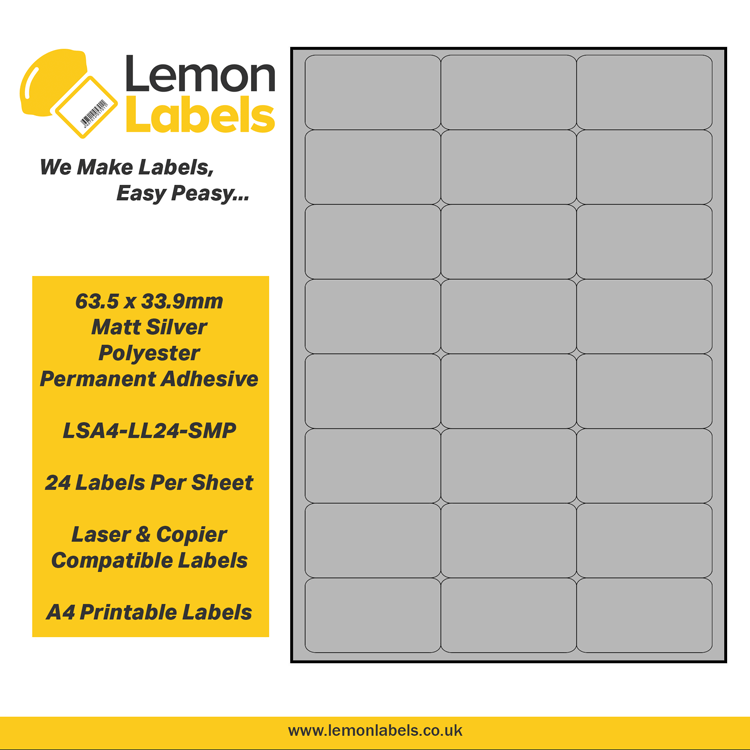 LSA4-LL24-SMP - 63.5 x 33.9mm Matt Silver Polyester With Permanent Adhesive Labels, 24 labels to an A4 sheet, 100 sheets