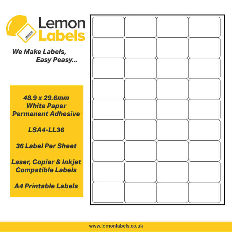 LSA4-LL36 - 48.9 x 29.6mm White Paper With Permanent Adhesive Labels, 36 labels to an A4 sheet, 500 sheets